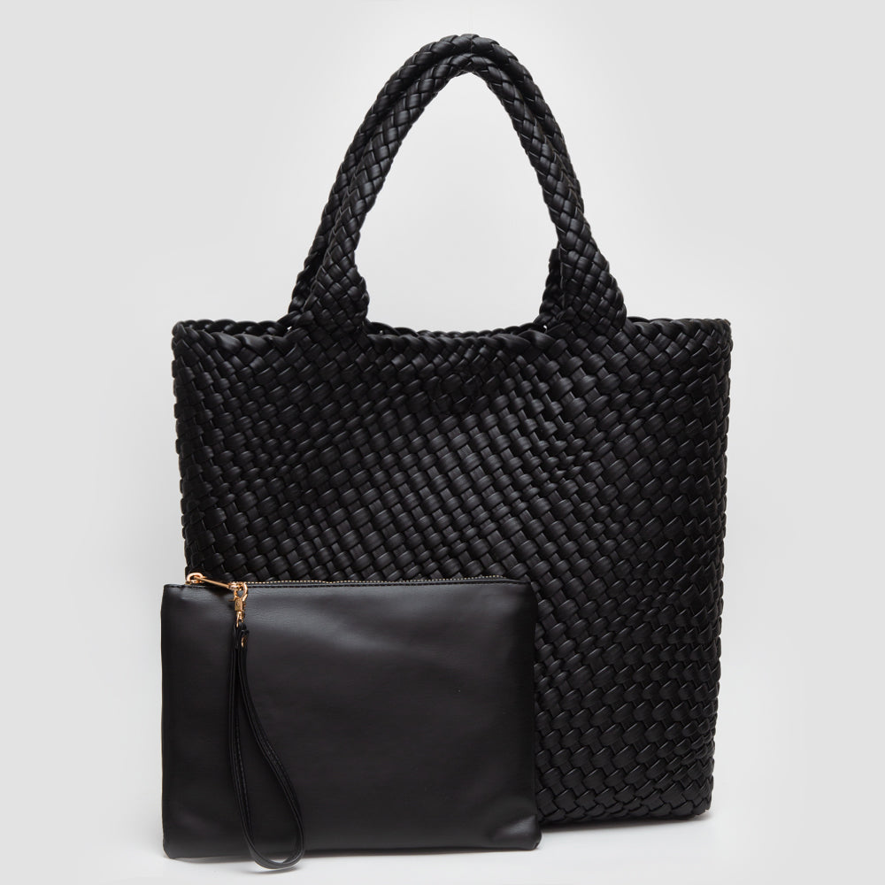 Madeline Love Black Faux Leather Braided Top Handle Tote Bag with Pouch - Bags & Wallets