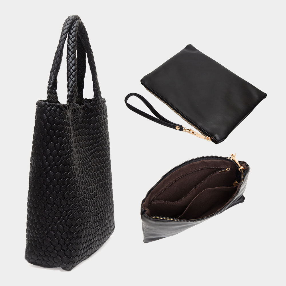 Madeline Love Black Faux Leather Braided Top Handle Tote Bag with Pouch - Bags & Wallets - extra