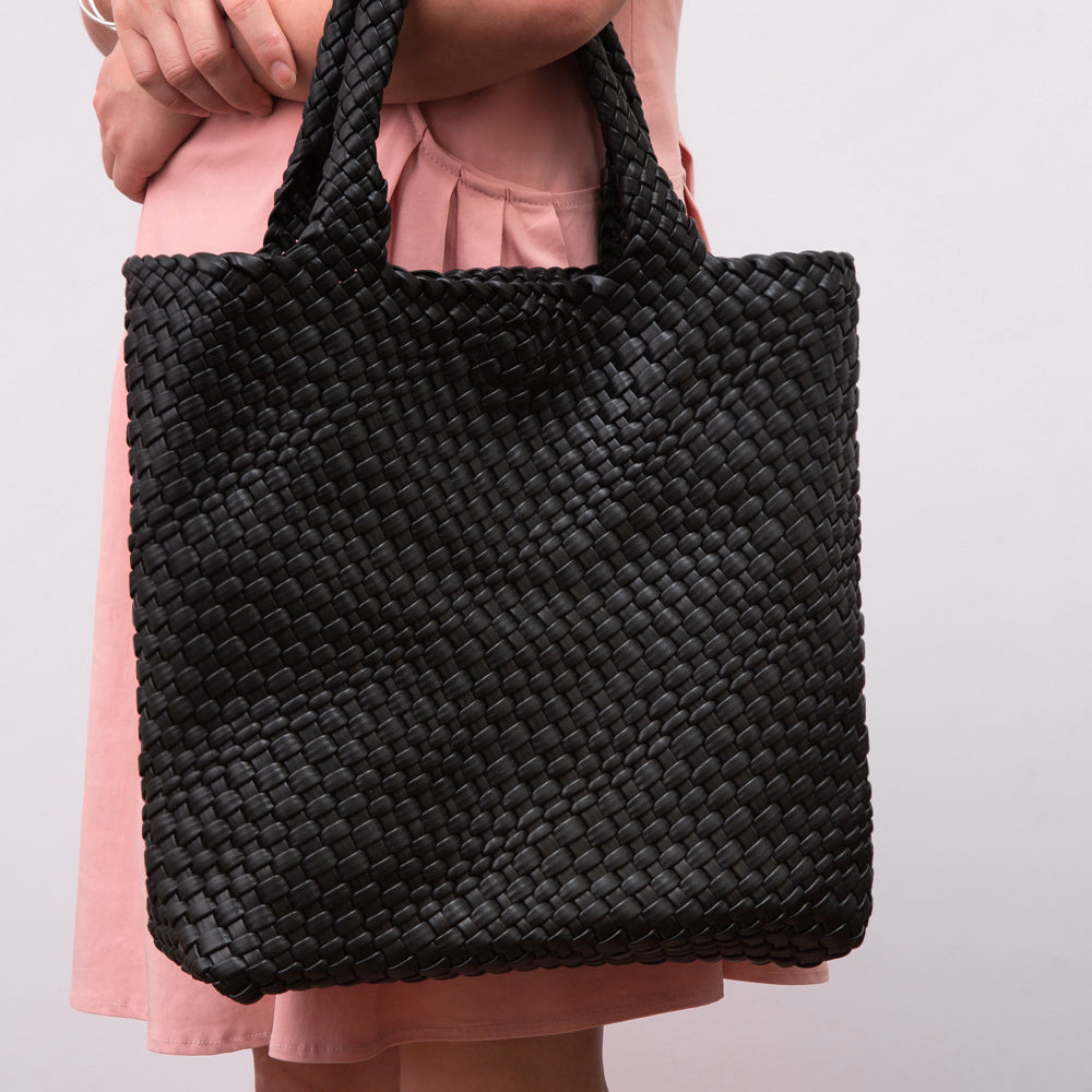 Madeline Love Black Faux Leather Braided Top Handle Tote Bag with Pouch - Bags & Wallets - extra