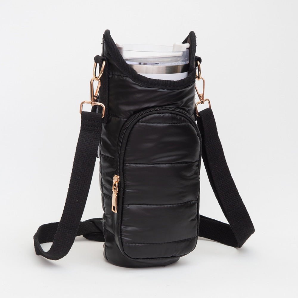 Madeline Love Black Shiny Quilted Puffer Tumbler Carrier Holder Crossbody Bag - Bags & Wallets