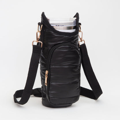 Madeline Love Black Shiny Quilted Puffer Tumbler Carrier Holder Crossbody Bag - Bags & Wallets