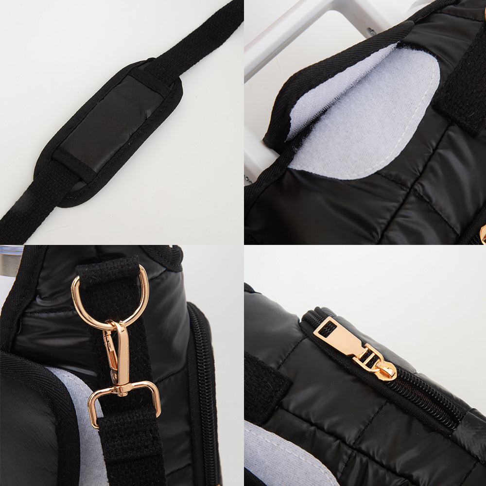 Madeline Love Black Shiny Quilted Puffer Tumbler Carrier Holder Crossbody Bag - Bags & Wallets - extra