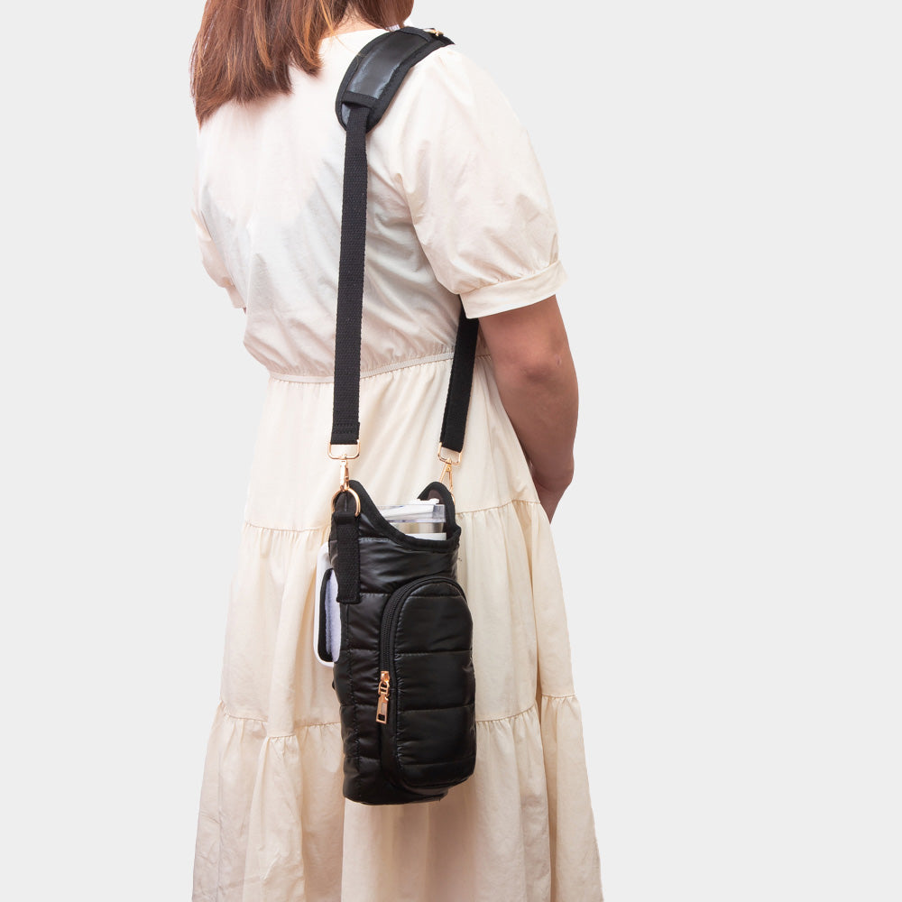 Madeline Love Black Shiny Quilted Puffer Tumbler Carrier Holder Crossbody Bag - Bags & Wallets - extra