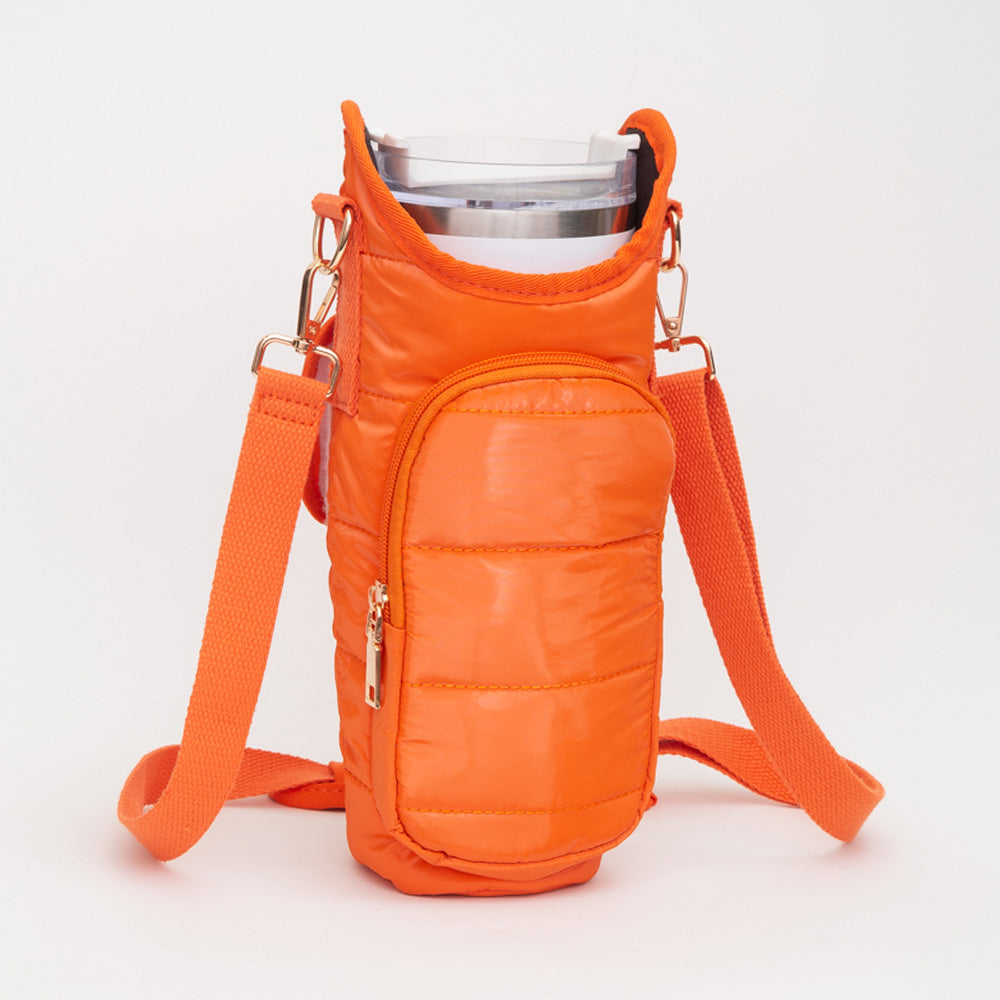Madeline Love Orange Shiny Quilted Puffer Tumbler Carrier Holder Crossbody Bag - Bags & Wallets