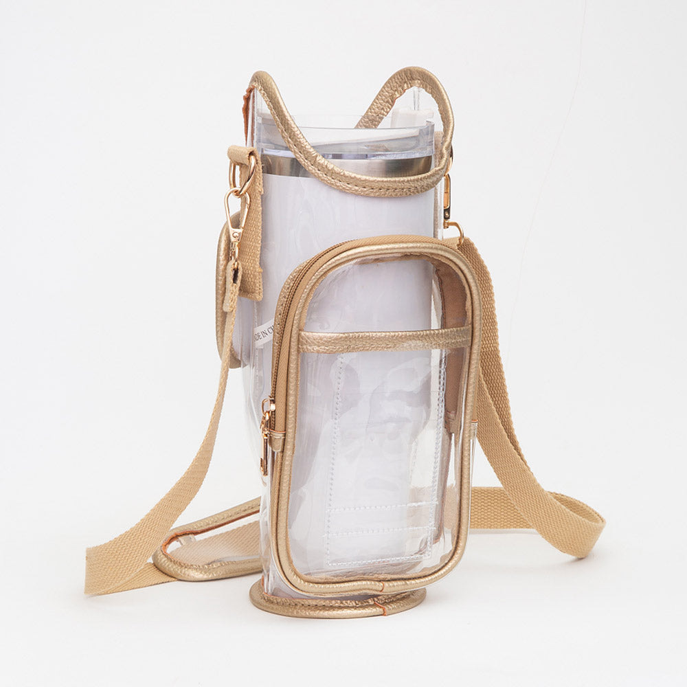 Madeline Love Clear, Gold Transparent Tumbler Carrier Holder Crossbody Bag - Bags & Wallets