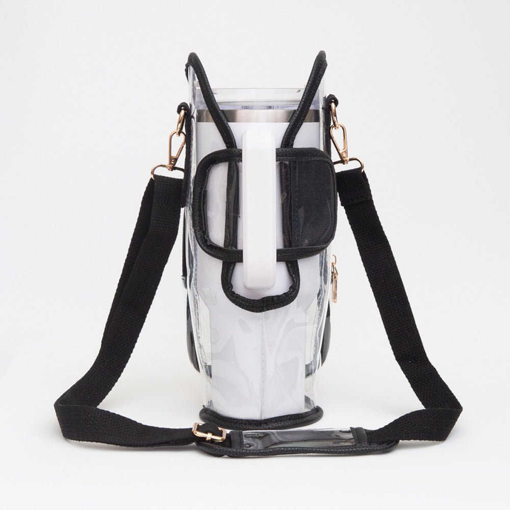 Madeline Love Clear, Gold Transparent Tumbler Carrier Holder Crossbody Bag - Bags & Wallets - desc