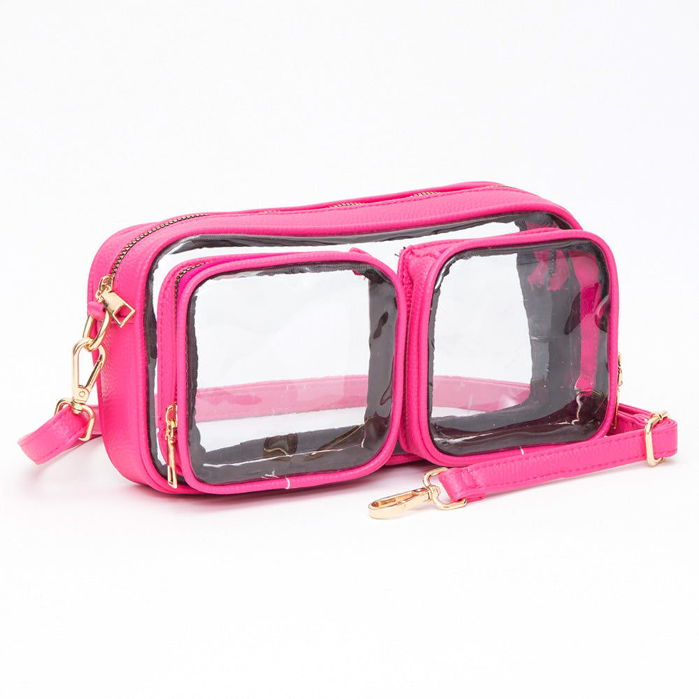 Madeline Love Clear, Fuchsia Dual Front Pocket Faux Leather Transparent Crossbody Bag - Bags & Wallets
