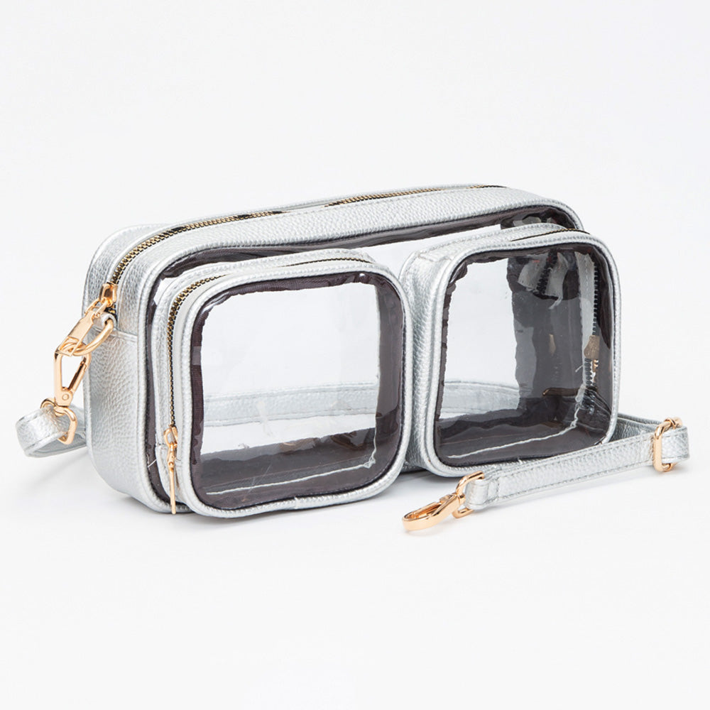 Madeline Love Clear, Silver Dual Front Pocket Faux Leather Transparent Crossbody Bag - Bags & Wallets