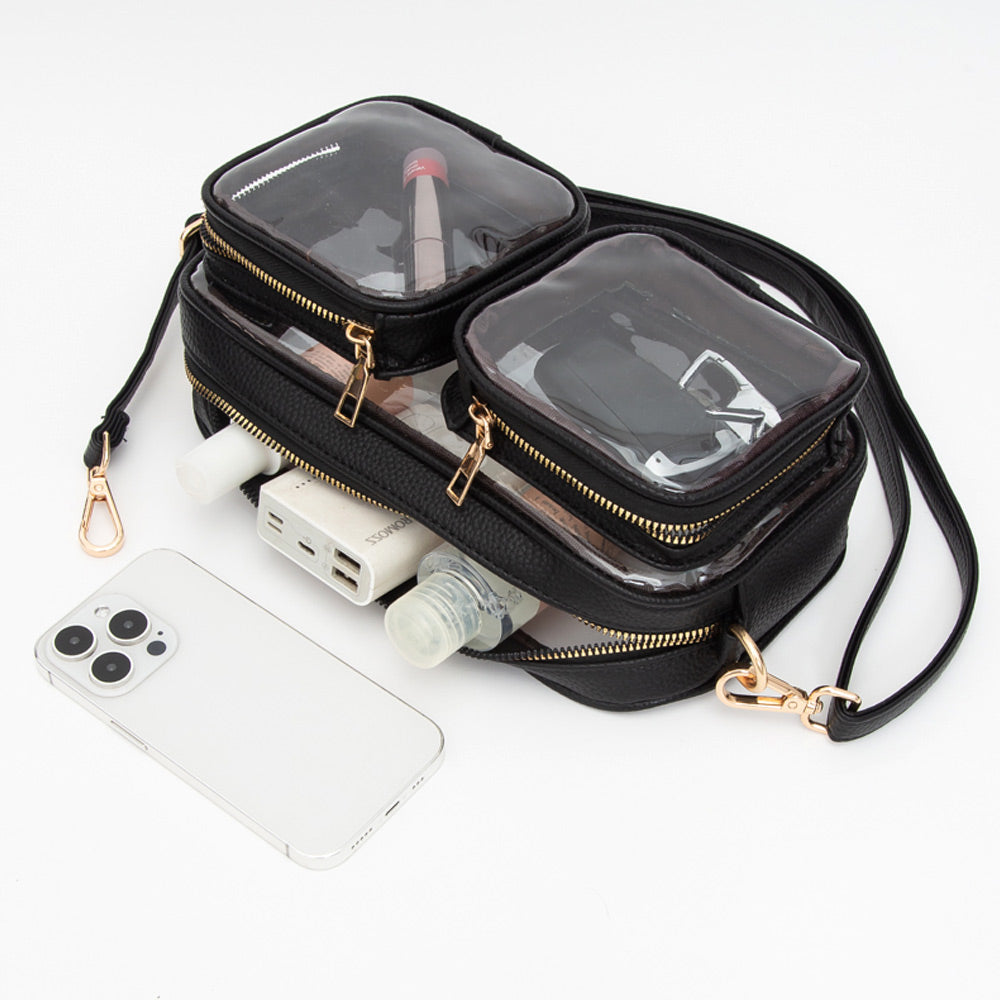 Madeline Love Clear, Tan Dual Front Pocket Faux Leather Transparent Crossbody Bag - Bags & Wallets - extra