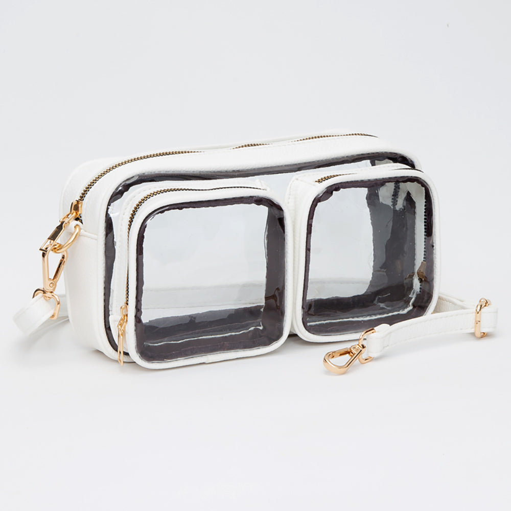 Madeline Love Clear, White Dual Front Pocket Faux Leather Transparent Crossbody Bag - Bags & Wallets