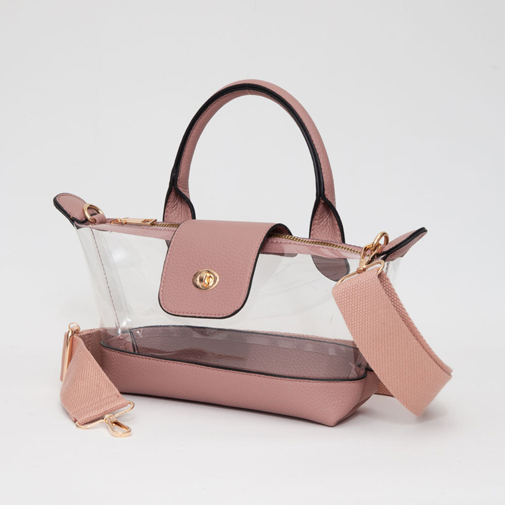 Madeline Love Clear, Pink Faux Leather Compact Transparent Top Handle Crossbody Bag - Bags & Wallets