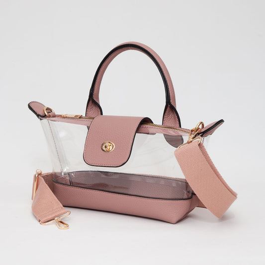 Madeline Love Clear, Pink Faux Leather Compact Transparent Top Handle Crossbody Bag - Bags & Wallets