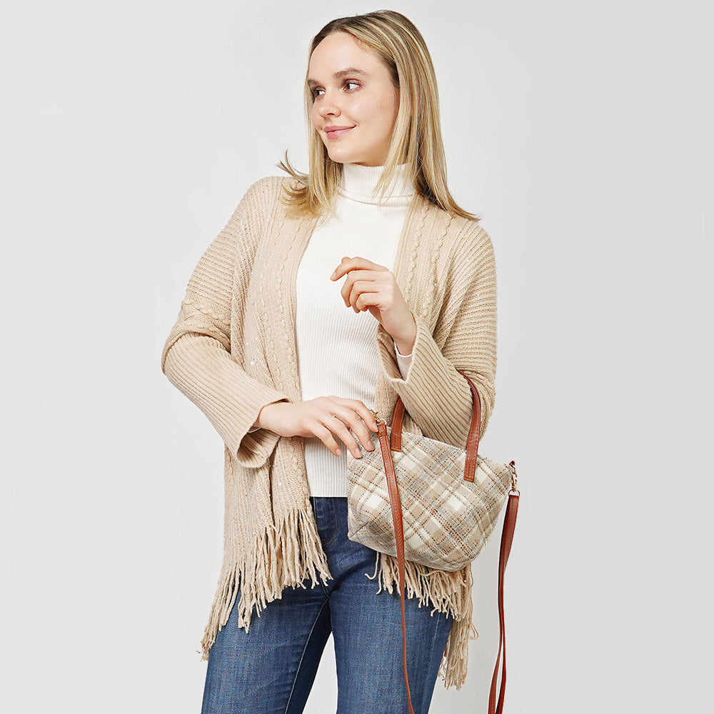 Madeline Love Ivory Plaid Check Patterned Tote / Crossbody Bag - Bags & Wallets