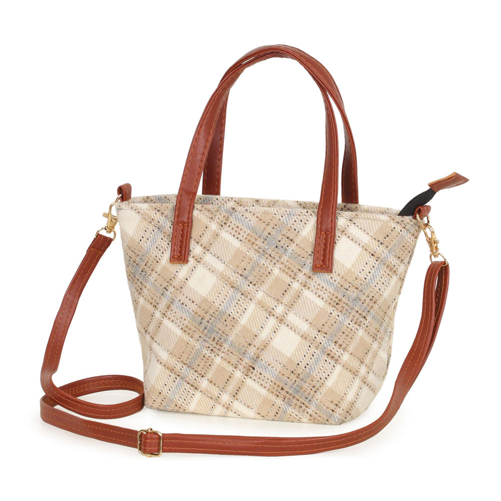 Madeline Love Ivory Plaid Check Patterned Tote / Crossbody Bag - Bags & Wallets - desc