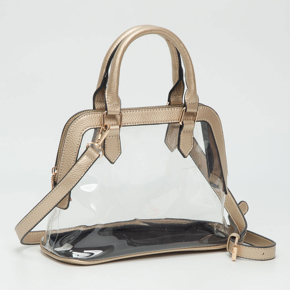 Madeline Love Clear, Gold Faux Leather Trim Transparent Structured Top Handle Handbag / Crossbody Bag - Bags & Wallets