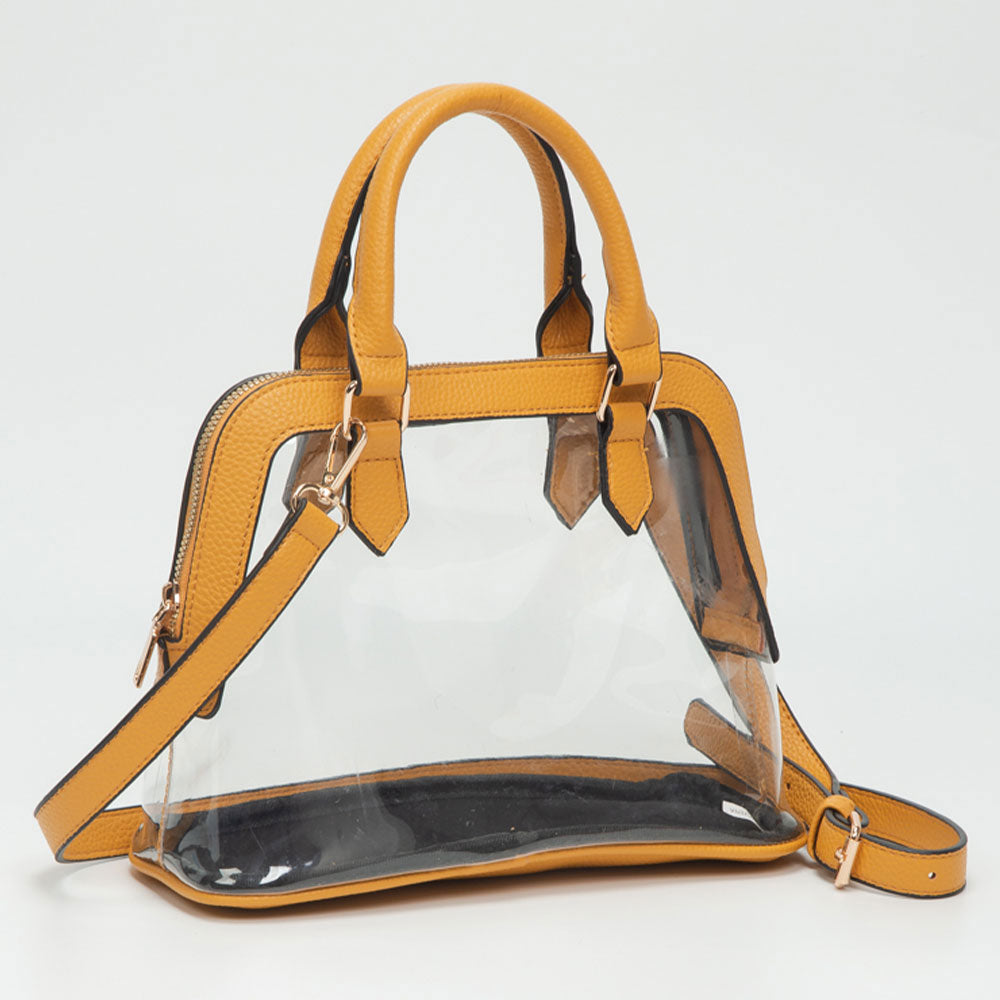 Madeline Love Clear, Mustard Faux Leather Trim Transparent Structured Top Handle Handbag / Crossbody Bag - Bags & Wallets