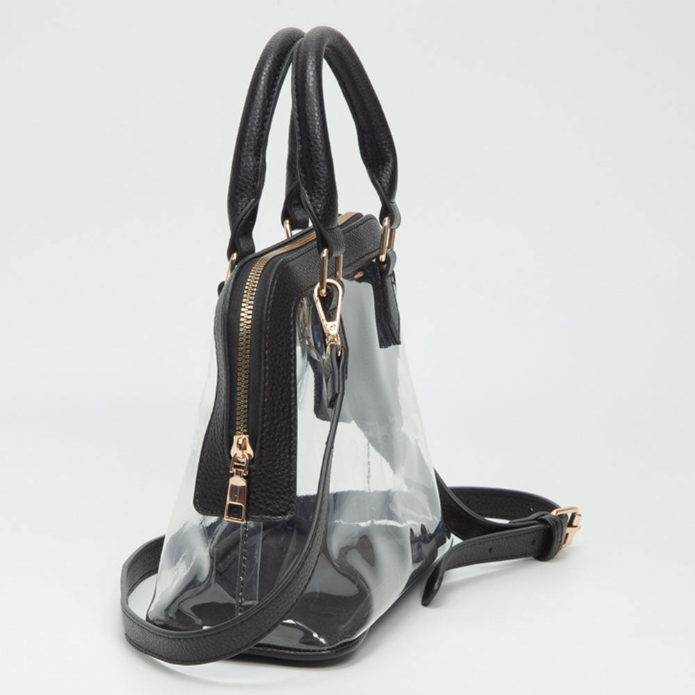 Madeline Love Clear, Mustard Faux Leather Trim Transparent Structured Top Handle Handbag / Crossbody Bag - Bags & Wallets - desc