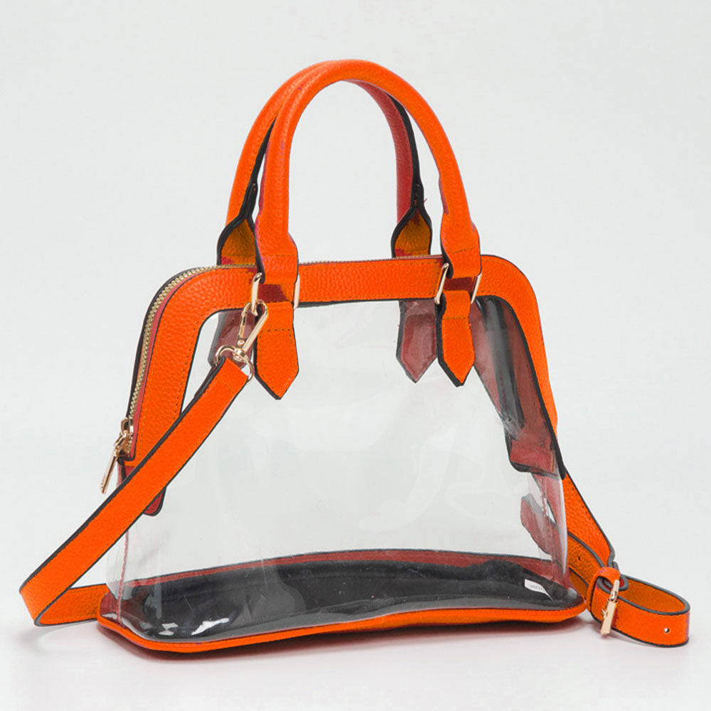 Madeline Love Clear, Orange Faux Leather Trim Transparent Structured Top Handle Handbag / Crossbody Bag - Bags & Wallets
