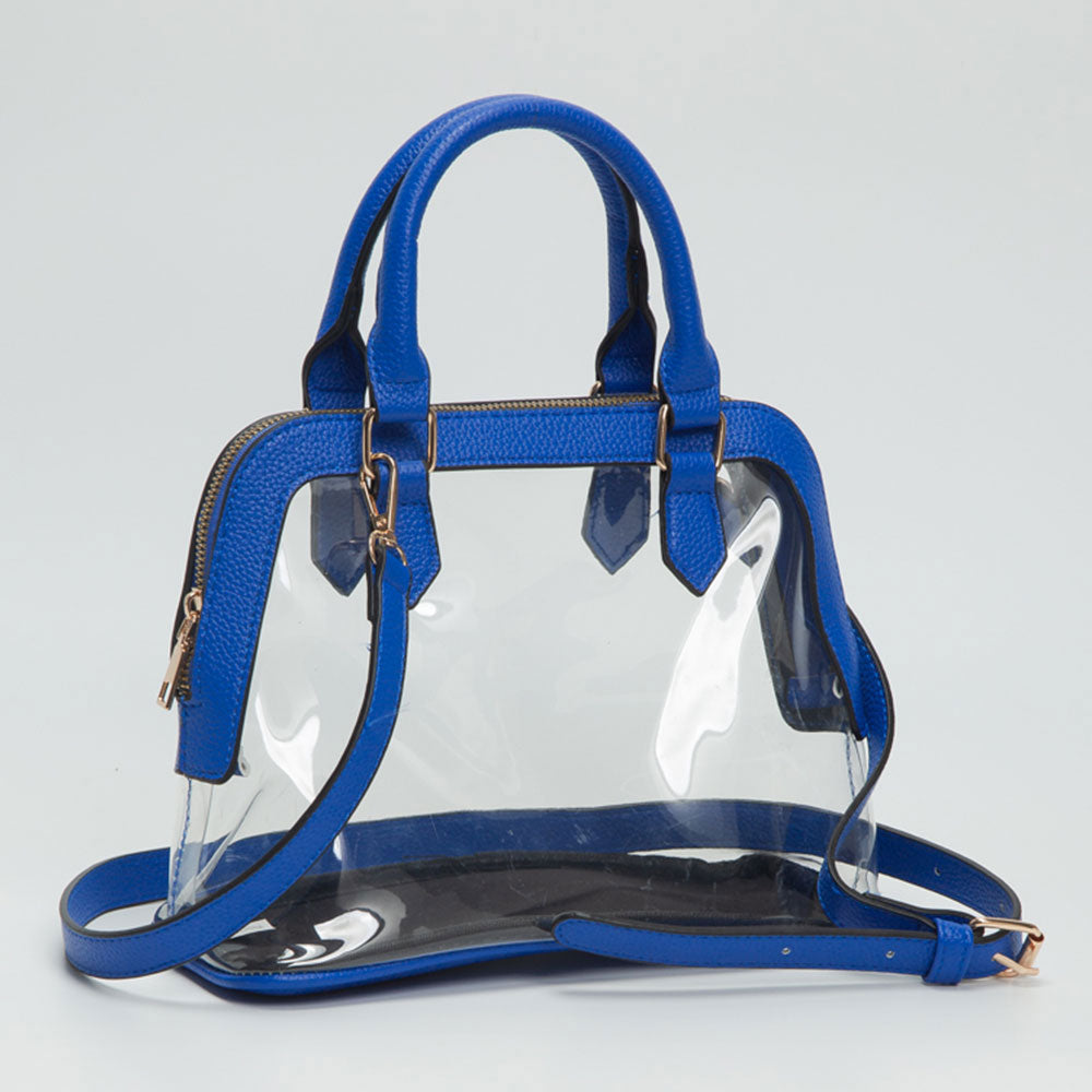 Madeline Love Clear, Royal Blue Faux Leather Trim Transparent Structured Top Handle Handbag / Crossbody Bag - Bags & Wallets