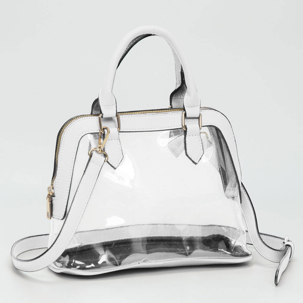 Madeline Love Clear, White Faux Leather Trim Transparent Structured Top Handle Handbag / Crossbody Bag - Bags & Wallets