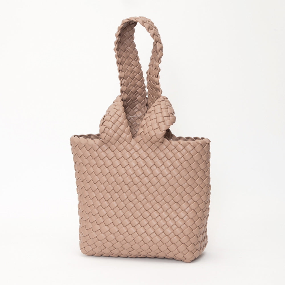 Madeline Love Taupe Faux Leather Basket Weave Knotted Handle Handbag - Bags & Wallets