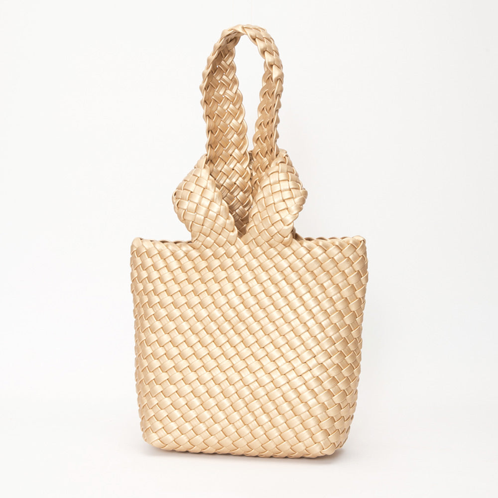 Madeline Love Gold Faux Leather Basket Weave Knotted Handle Handbag - Bags & Wallets