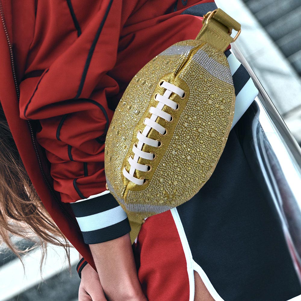 Madeline Love Gold Bling Studded Game Day Football Shape Fanny Pack Sling Bag - Bags & Wallets