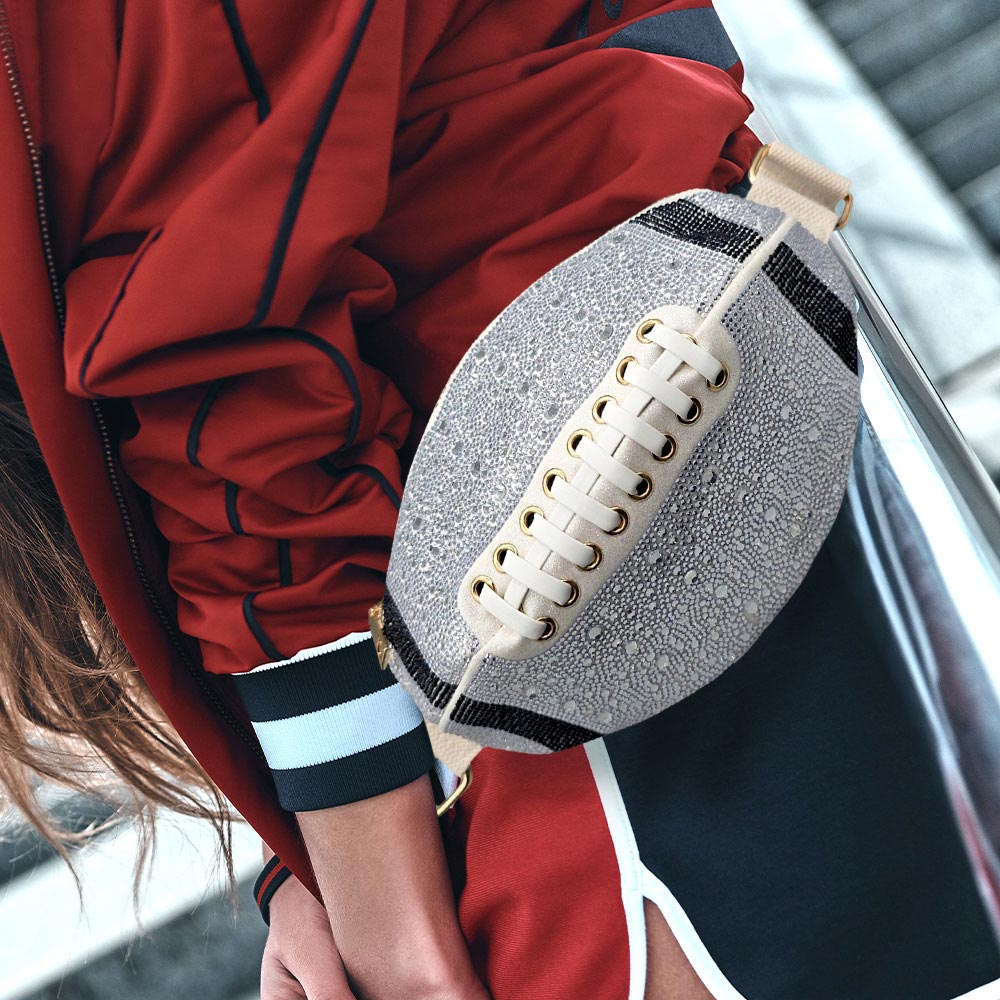 Madeline Love White Bling Studded Game Day Football Shape Fanny Pack Sling Bag - Bags & Wallets
