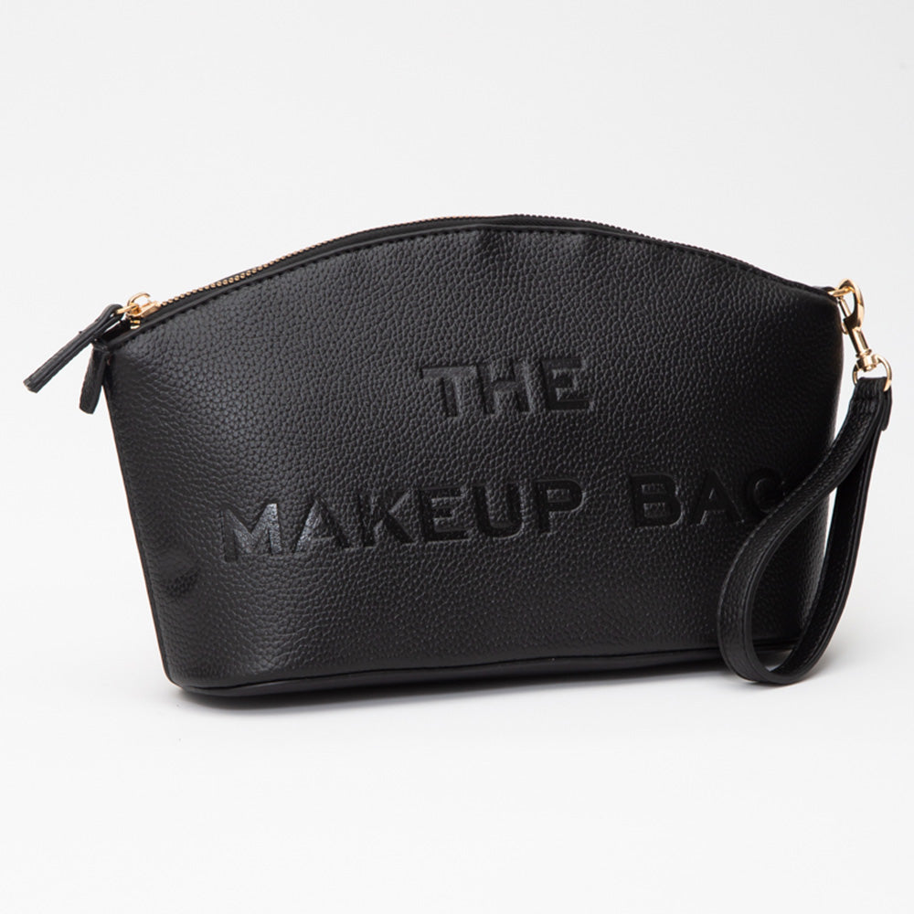 Madeline Love Black Faux Leather THE MAKE UP BAG Message Pouch Bag Beauty Organizer Bag - Beauty & Cosmetics