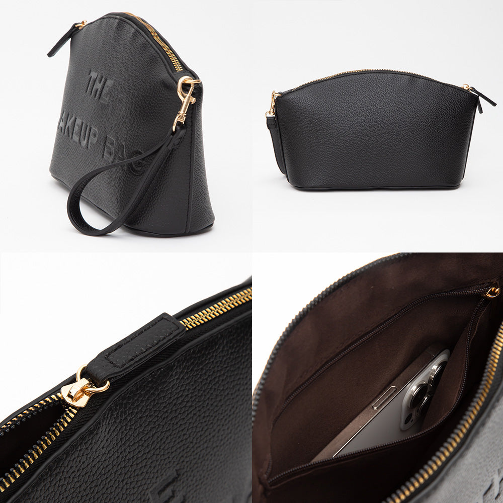 Madeline Love Black Faux Leather THE MAKE UP BAG Message Pouch Bag Beauty Organizer Bag - Beauty & Cosmetics - desc