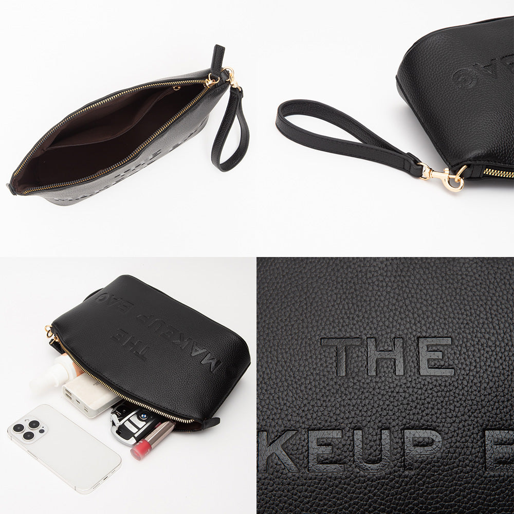 Madeline Love Black Faux Leather THE MAKE UP BAG Message Pouch Bag Beauty Organizer Bag - Beauty & Cosmetics - extra