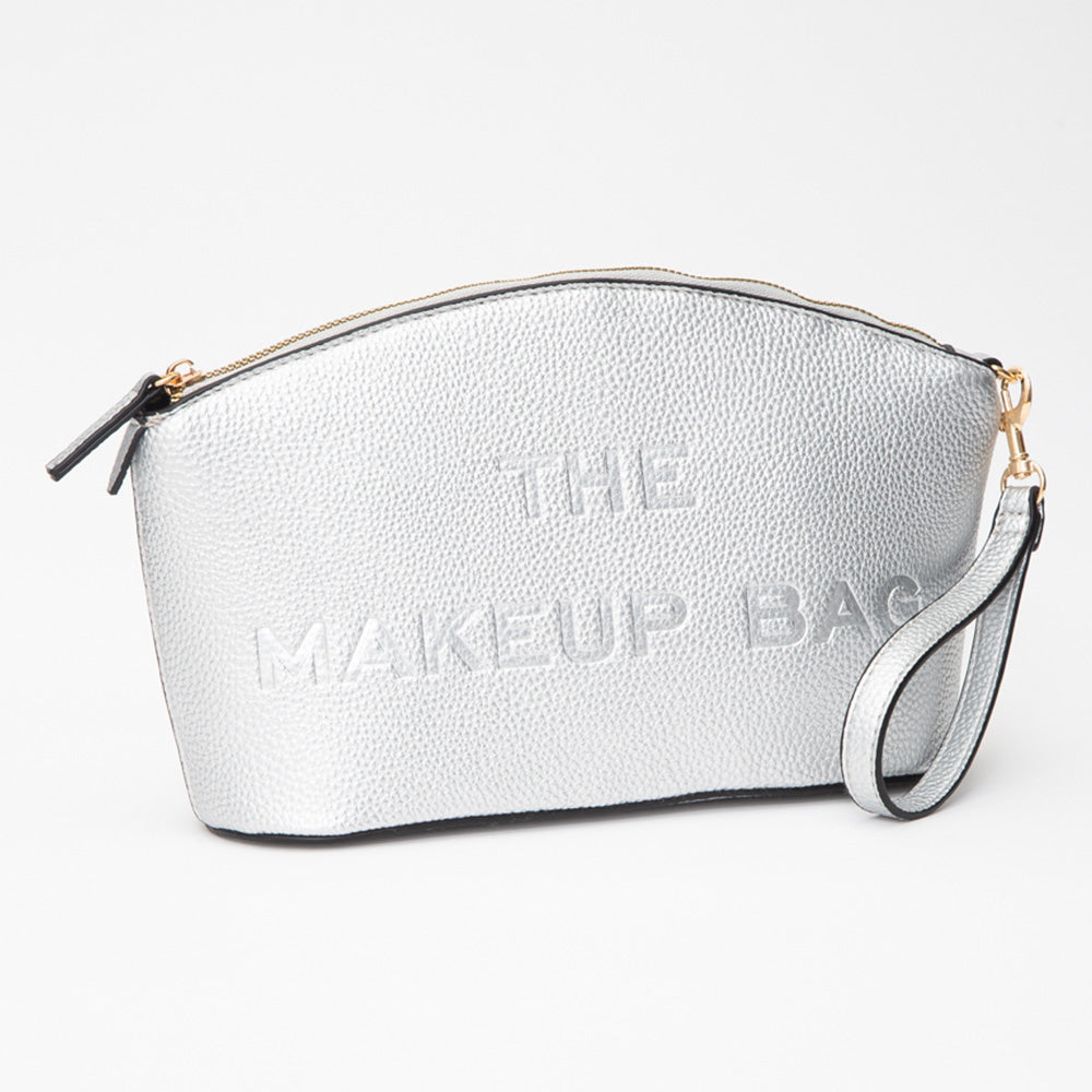 Madeline Love Silver Faux Leather THE MAKE UP BAG Message Pouch Bag Beauty Organizer Bag - Beauty & Cosmetics