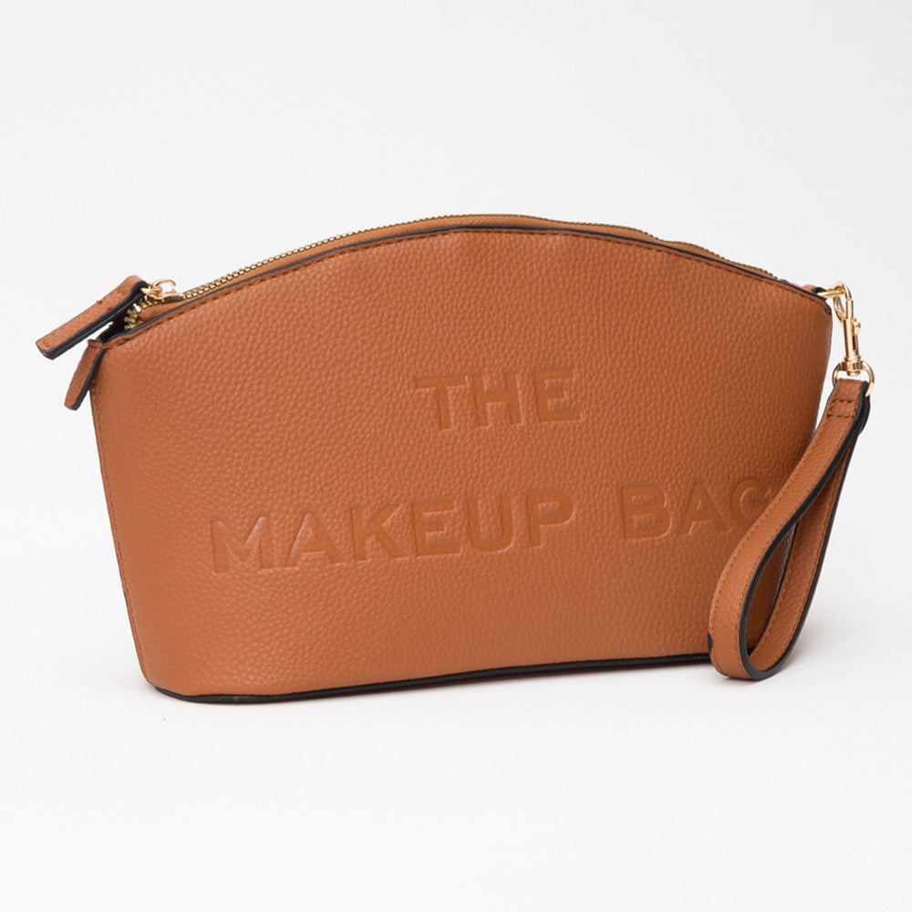 Madeline Love Tan Faux Leather THE MAKE UP BAG Message Pouch Bag Beauty Organizer Bag - Beauty & Cosmetics