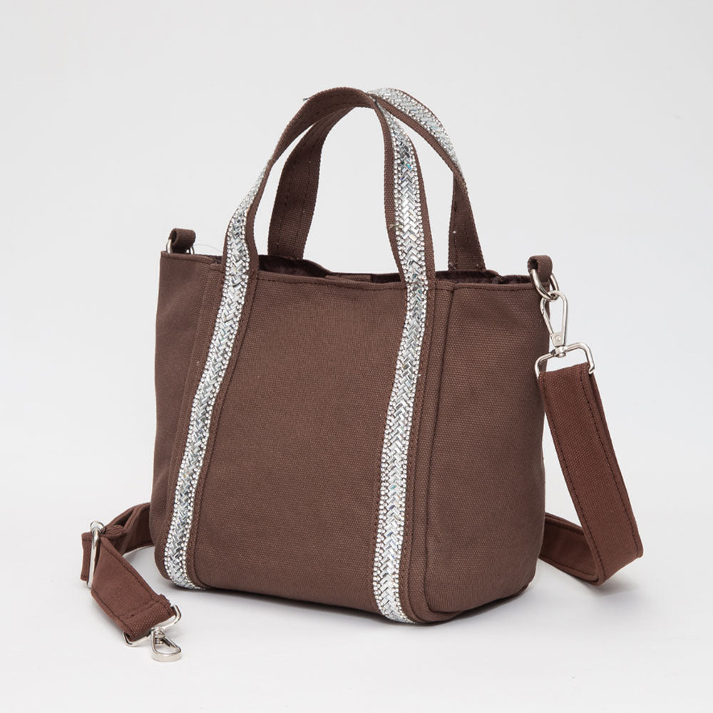 Madeline Love Brown Rhinestone Embellished Strap Accent Mini Canvas Tote Bag / Crossbody Bag - Bags & Wallets