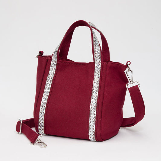 Madeline Love Burgundy Rhinestone Embellished Strap Accent Mini Canvas Tote Bag / Crossbody Bag - Bags & Wallets