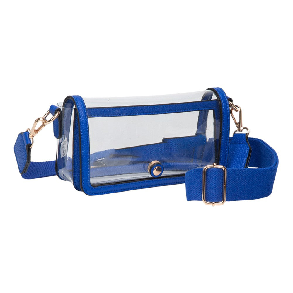 Madeline Love Clear, Royal Blue Transparent Rectangle Flap Crossbody Bag - Bags & Wallets - desc