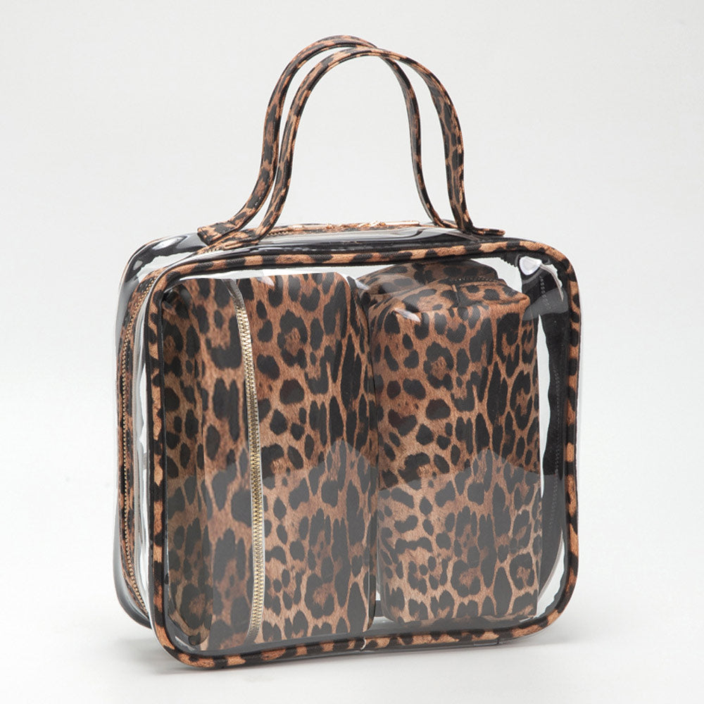 Madeline Love Clear, Leopard 4PCS - Transparent Faux Leather Travel Cosmetic Bag Set - Beauty & Cosmetics