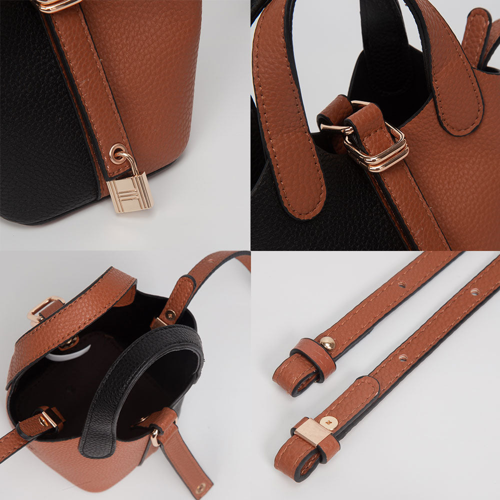 Madeline Love Red, Tan Faux Leather Two Tone Mini Crossbody Bucket Bag - Bags & Wallets - extra