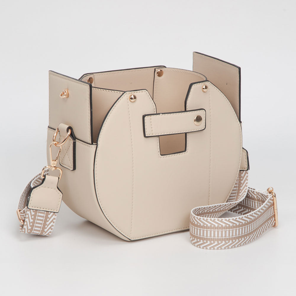 Madeline Love Beige Faux Leather Functional Tumbler Crossbody Bucket Bag - Bags & Wallets