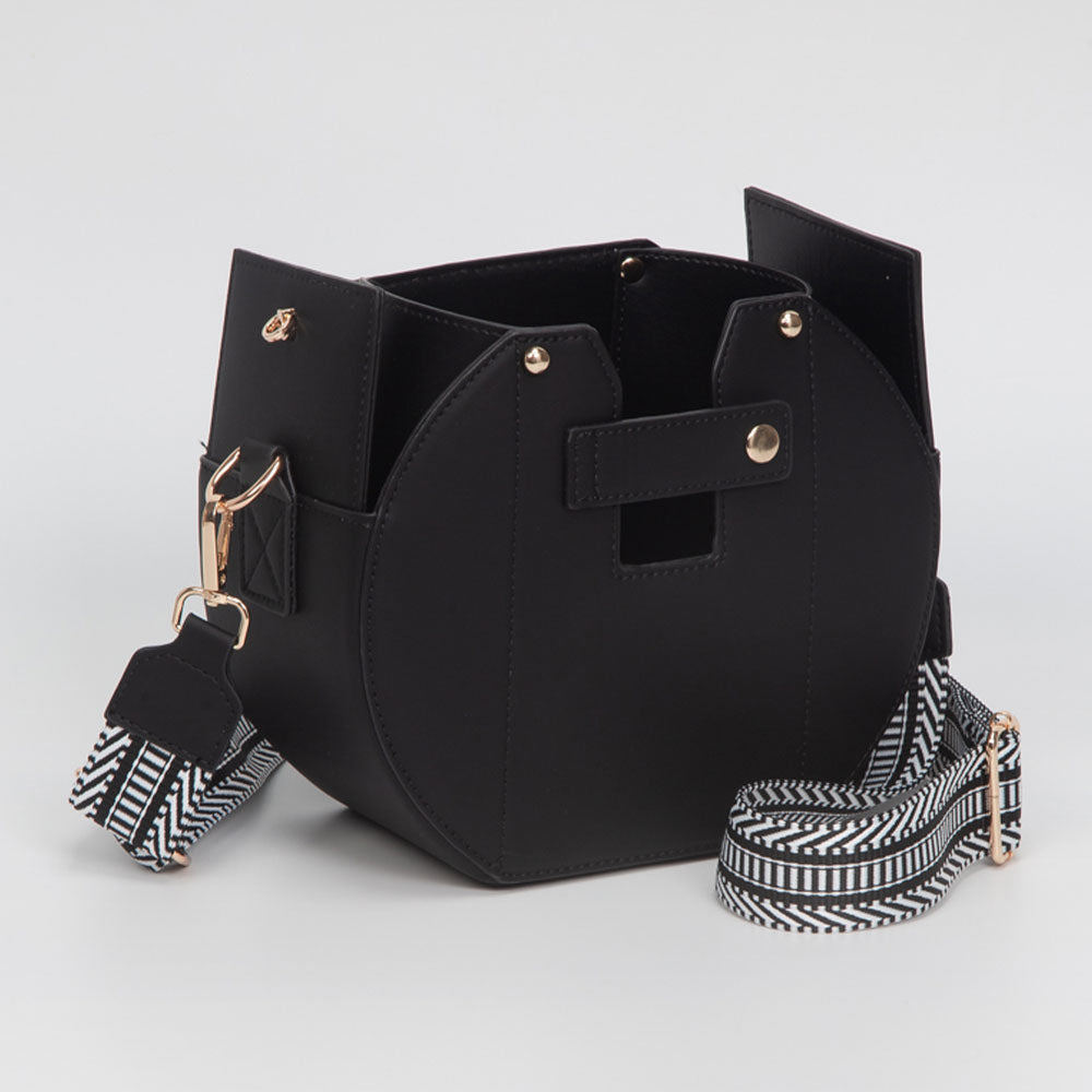 Madeline Love Black Faux Leather Functional Tumbler Crossbody Bucket Bag - Bags & Wallets - desc