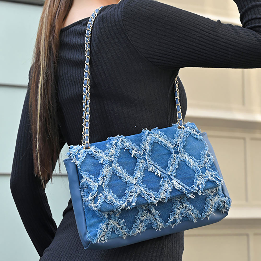 Madeline Love Blue, Denim Distressed Denim Fold-Over Chain Strap Shoulder Hand Bag - Bags & Wallets