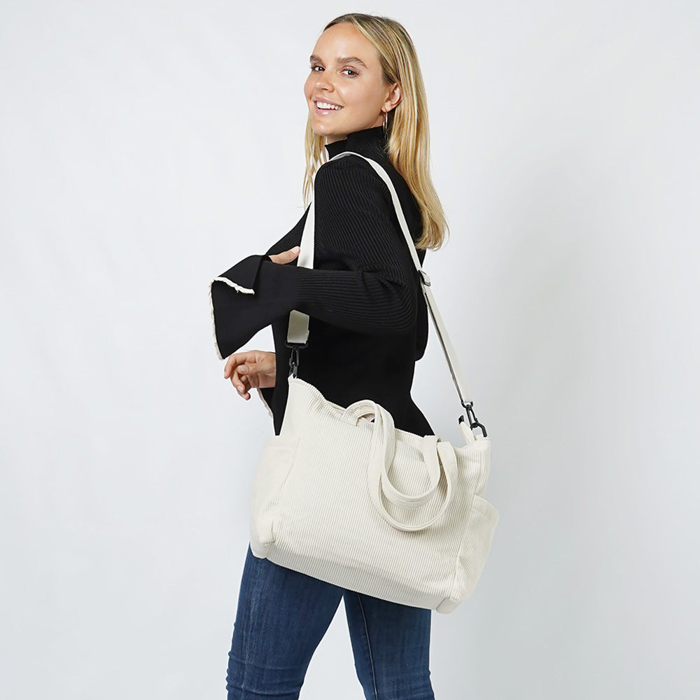 Madeline Love Ivory Multi Pocket Corduroy Tote Bag - Bags & Wallets