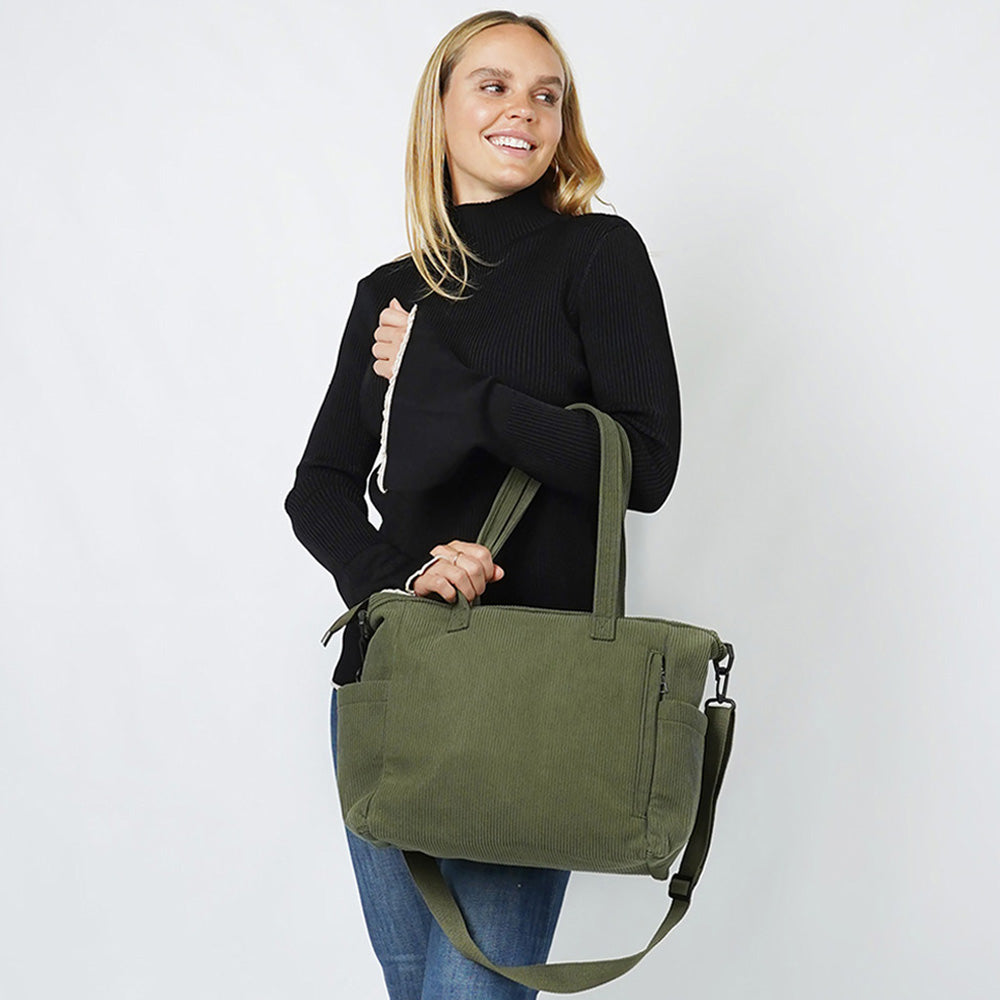 Madeline Love Olive Green Multi Pocket Corduroy Tote Bag - Bags & Wallets