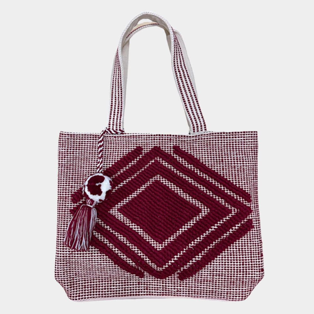 Madeline Love Burgundy Boho Patterned Pom Pom Shoulder Bag - Bags & Wallets