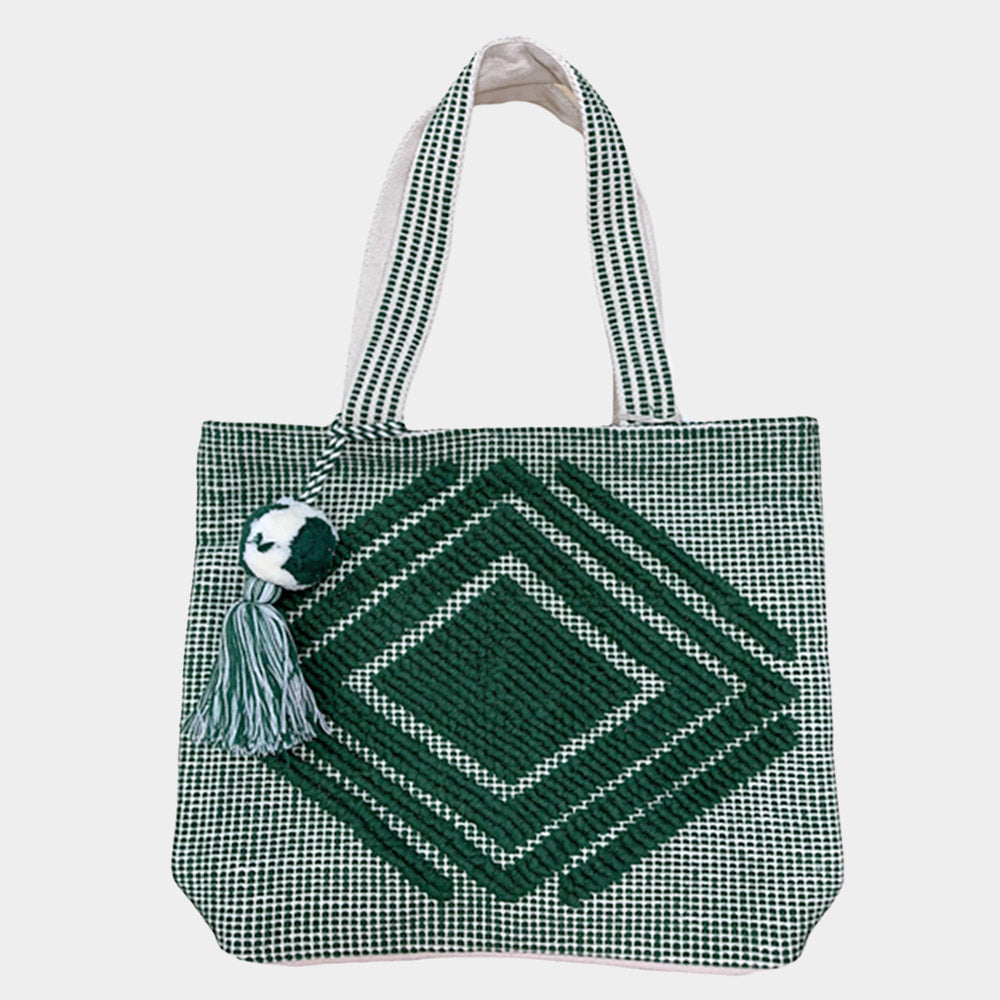 Madeline Love Green Boho Patterned Pom Pom Shoulder Bag - Bags & Wallets