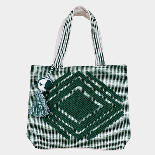 Madeline Love Green Boho Patterned Pom Pom Shoulder Bag - Bags & Wallets