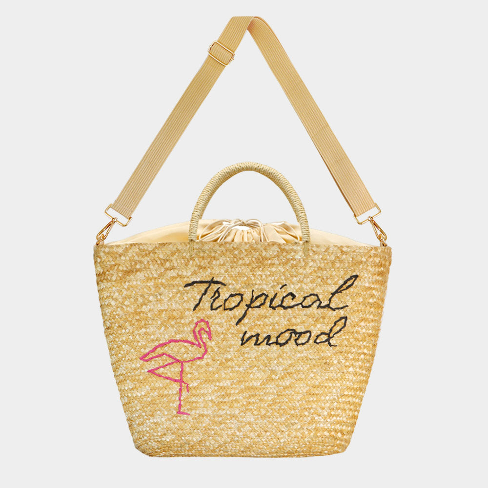 Madeline Love Neutral Tropical Mood Flamingo Weaving Beach Tote / Crossbody Bag - Bags & Wallets