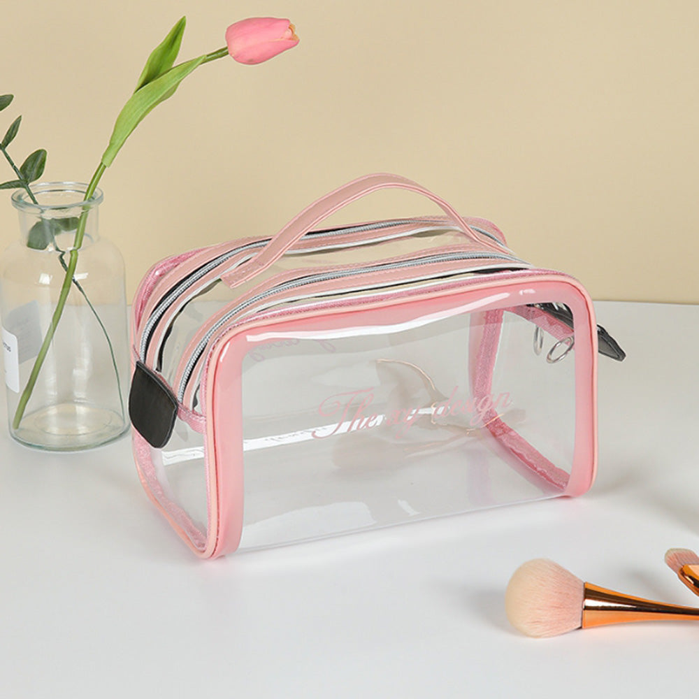 Madeline Love Pink Double Zipper Open Transparent Makeup Pouch Bag - Beauty & Cosmetics