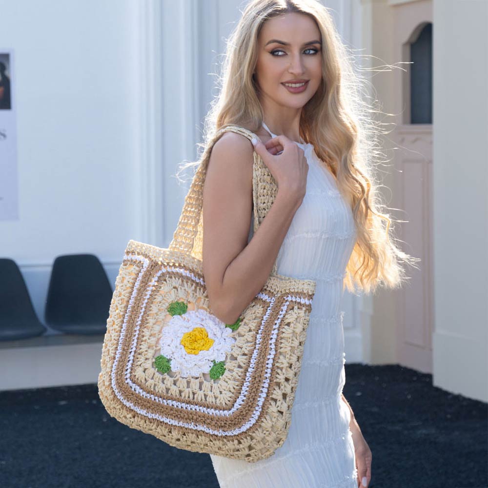 Madeline Love Beige Crochet Floral Shoulder Tote Bag - Bags & Wallets