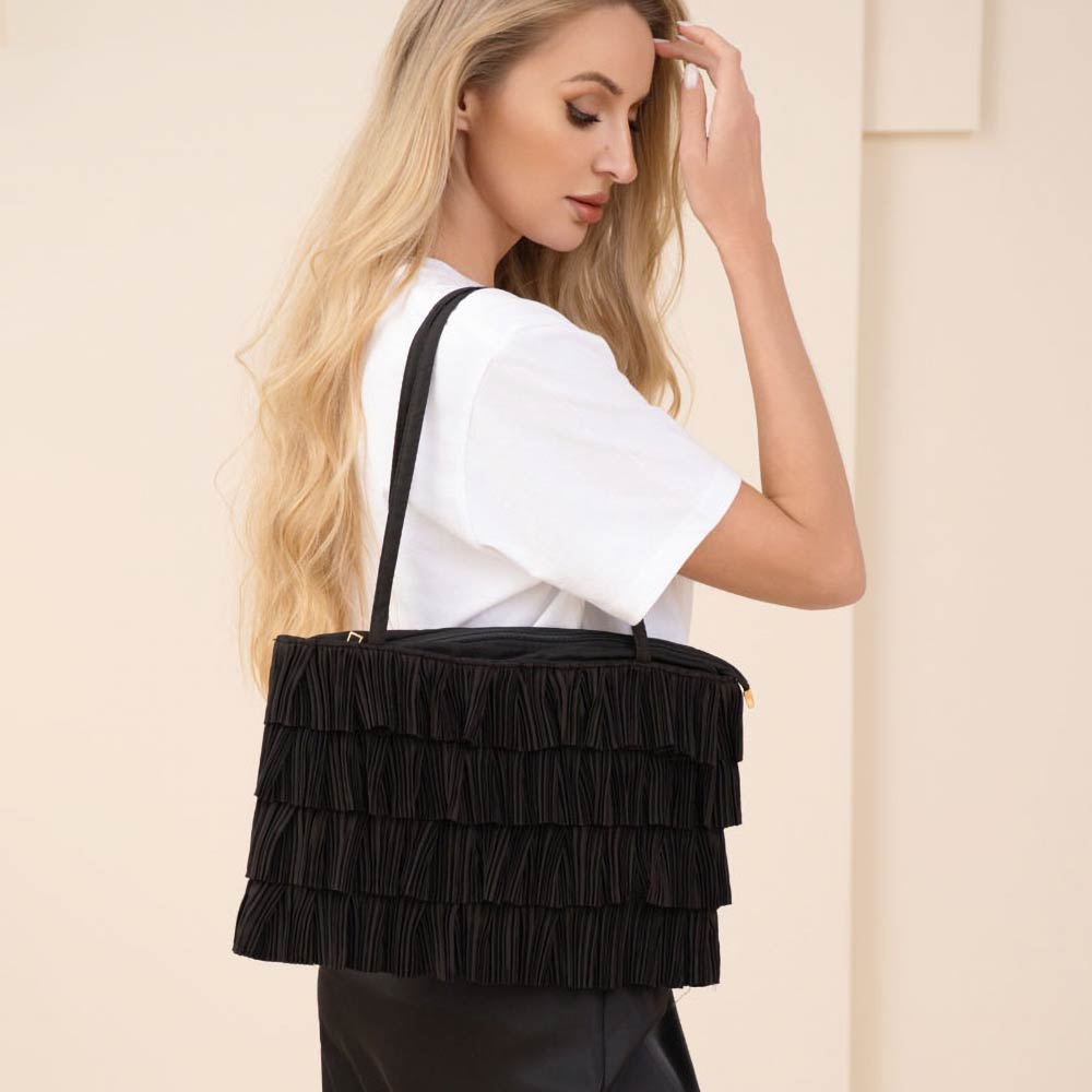 Madeline Love Black Layered Ruffle Front Fabric Shoulder Tote Bag - Bags & Wallets